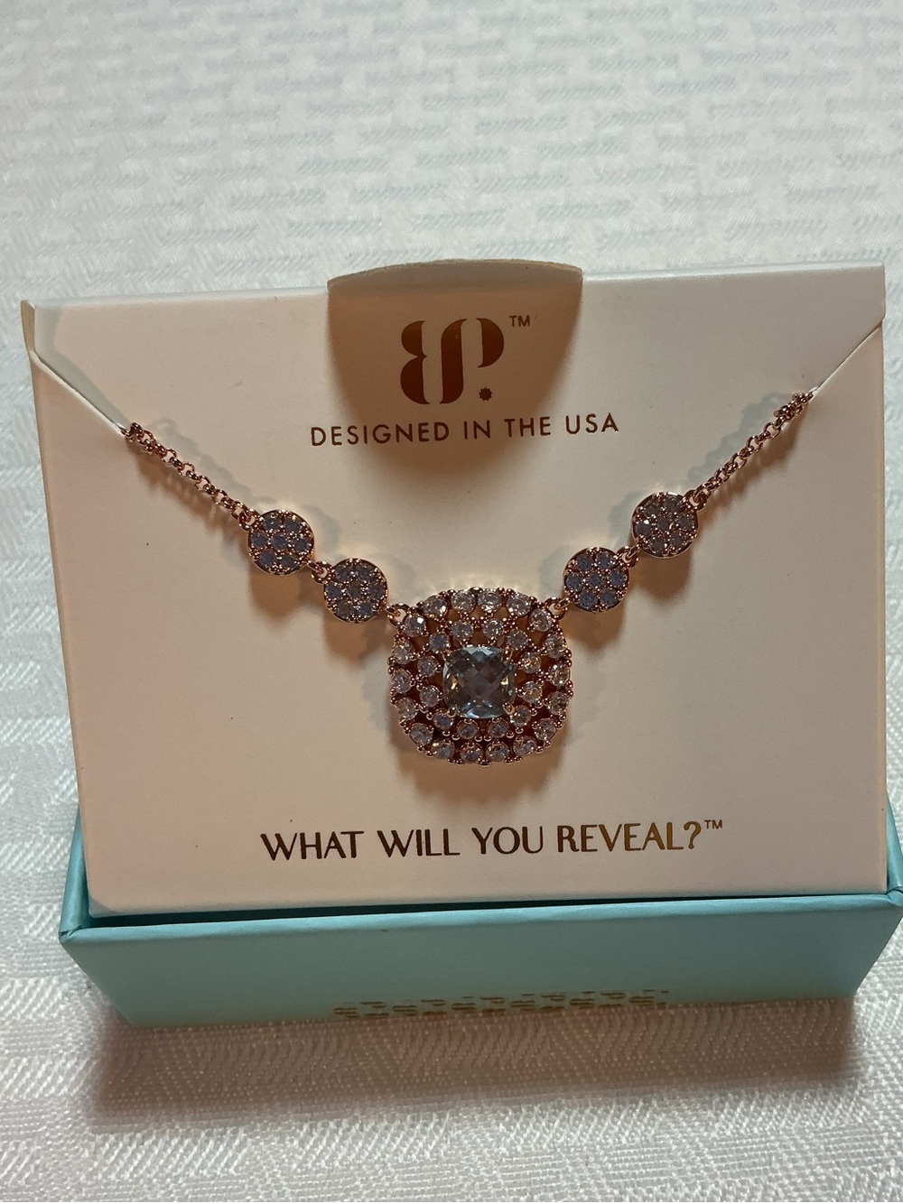 BP “Live In The Light” Aquamarine Cubic Zirconia Rose Gold Plated Necklace